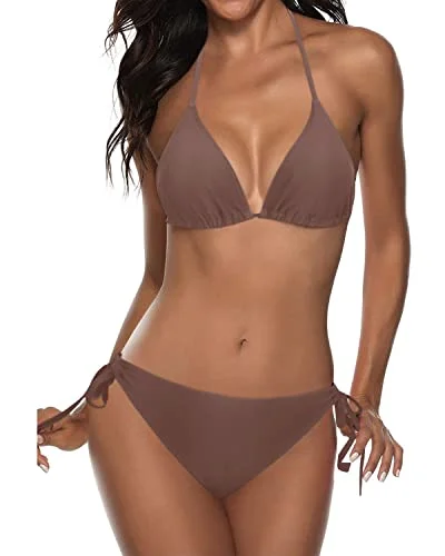 Adjustable tankini swim sets for easy fit -Halter Padded Top Tie Side Bottom Triangle Push Up Bikini-Light Brown