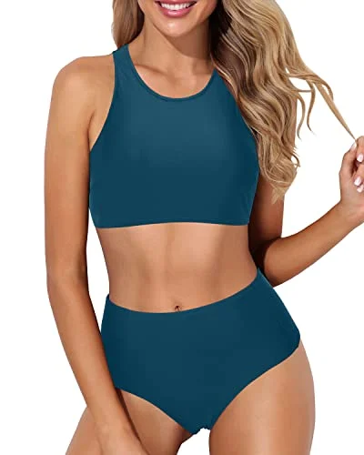 Durable swim sets for saltwater durability -Tank Style Sporty High Waisted Bikini Set Full Coverage Bottom-Teal