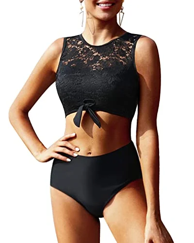 Soft swim sets with smooth fabric feel -Sexy Lace High Waisted Women's 2 Piece Bikini Set Tummy Control Bottoms-Black