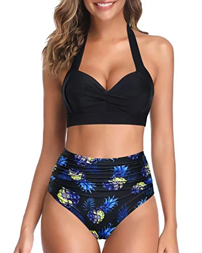 Lightweight tankini swim sets for easy drying -Two Piece High Waist Bikini Women's Bikini Swimsuits-Black Pineapple