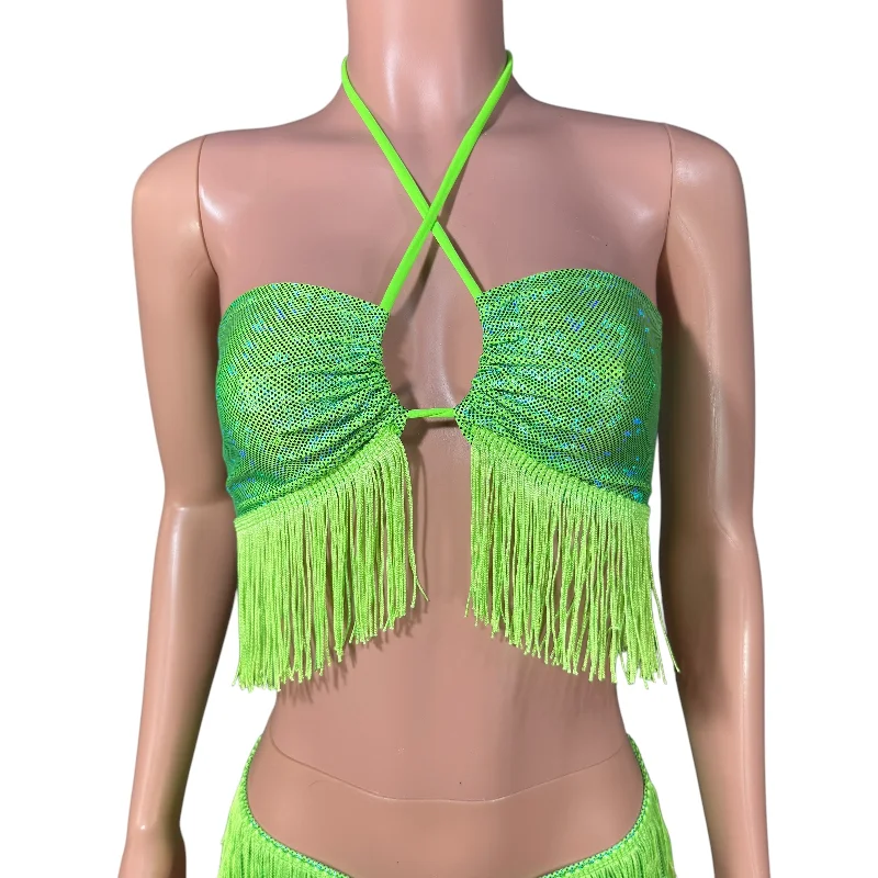 Sexy bikini for women with thong bottoms and daring, cheeky back for bold style -Lime Holographic Fringe X-String Bikini Top