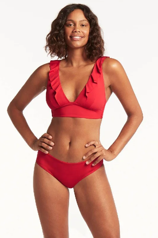 Bright bikini for women with neon colors and bold hues for summer fun -Essential Frill Bikini Top In Red - Sea Level