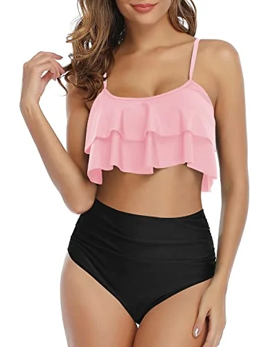 Cute matching swim sets for trendy resort wear -Flattering High Waisted Ruffle Ruched Women's Bikini Set-Pink And Black