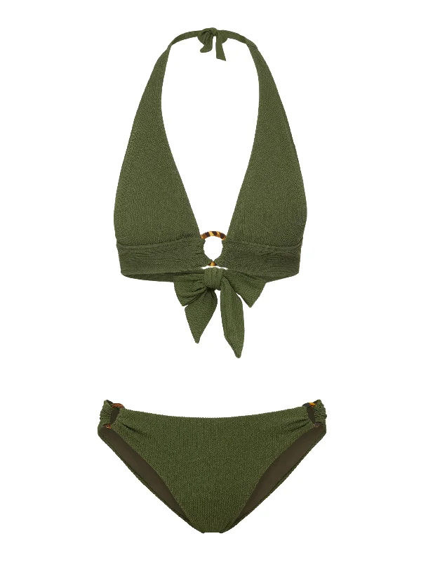 Durable swim sets for frequent pool use -Erin Top + Ring Trim Bottom in Olive Texture