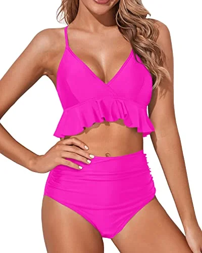 Strapless bikini swim sets for strap-free look -Honeymoon-Perfect Bikini Set Deep V Neck And Tummy Control-Neon Pink