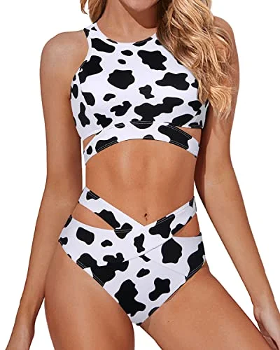 Lightweight swim sets for breathable swim ease -Straps Criss Cross Bandage Two Piece Bathing Suits-Black And White Cow Pattern