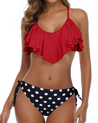 Supportive swim sets with sturdy underwire support -Push Up Padded Up Bra Two Piece Flounce Bikini-Red Dot