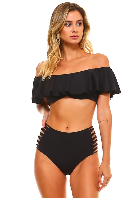 Padded high-neck swim sets for extra support -Belle Off-the-Shoulder Bikini Set