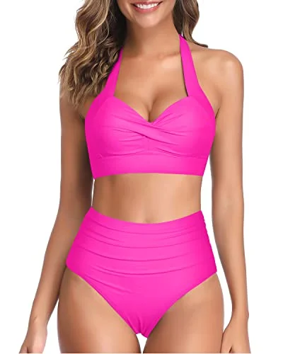 Cute swim sets with playful bow details -High Waisted Pleated Front Panel Women's Bikini Swimsuits-Neon Pink