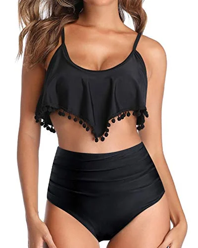 Strapless swim sets for minimal tan lines -2 Piece Adjustable Spaghetti Straps Removable High Waisted Bikini-Black