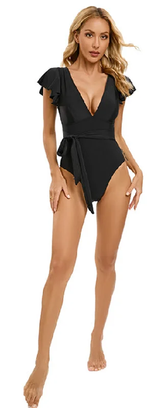 Modern swim pants for women with subtle logo design for a minimalist look -One Piece Swimsuit Deep V Neck Ruffle Sleeve Bikini Set Black