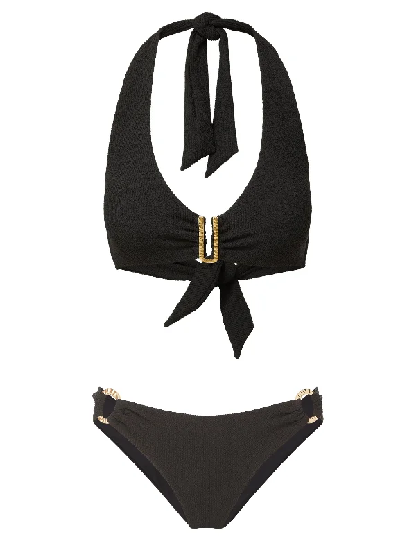 Cute bikini swim sets with tie-front detail -Melissa Top + Ring Trim Bottom in Black Texture