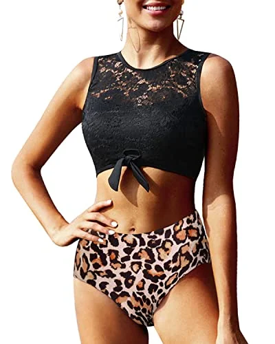 Affordable bikini swim sets for summer joy -Stylish High Waisted Lace Women's 2 Piece Bathing Suit Tummy Control Bottoms-Black And Leopard