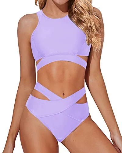 Designer tankini swim sets for high-end style -Solid Wrapped High Waisted Bandage Two Piece Bathing Suits-Light Purple