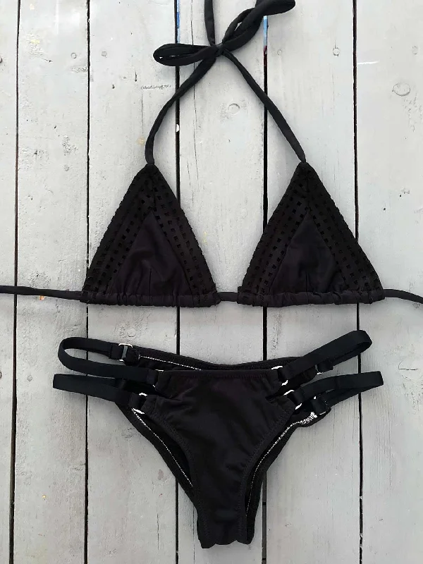 Padded high-neck swim sets for extra support -Black Laser Cut Triangle Bikini Top