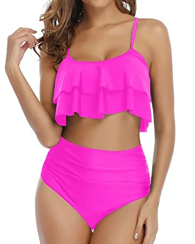 Retro bikini swim sets for nostalgic cool -Figure Flattering Ruched High Waisted Bikini Set-Neon Pink