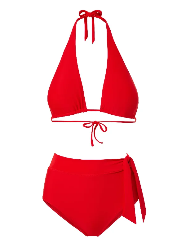 Tropical bikini swim sets with palm prints -Allison Top + Side Tie High Waist Bottom in Cherry Red