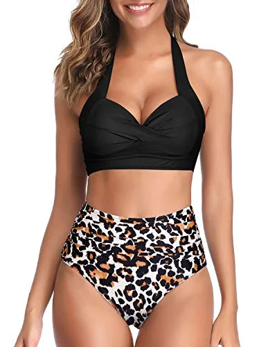 Classic swim sets for timeless beach essentials -Padded Push Up Bra Halter Ruched High Waist Bikini-Black And Leopard