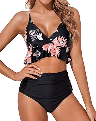 Cute swim sets with playful bow details -Flouncy Ruffle High Waisted Bikini Swimsuits Deep V Neck-Black Orange Floral