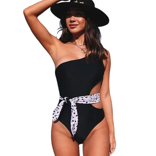 Padded bikini swim sets for added support -Black Asymmetric Cutout Belted Printed One-piece Swimwear