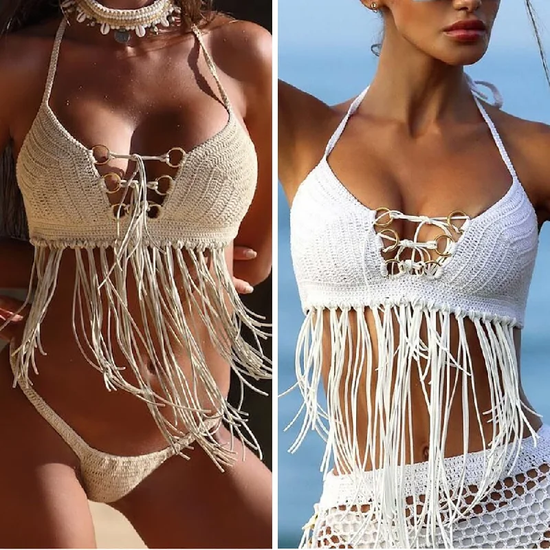 Sporty bikini for women with racerback top and durable material for active swimming -Womens Knit Camisole Bohemian Floral Tassel Halter Top Holiday Crochet Bikini Top Bralette Bra Tank Vest Summer Sexy Beachwear