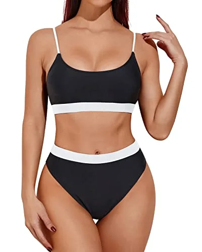 Ruffled swim sets with soft fabric ruffles -Female Curves Enhancing High Waisted Bikini Sporty Scoop Neck Swimsuits-Black And White