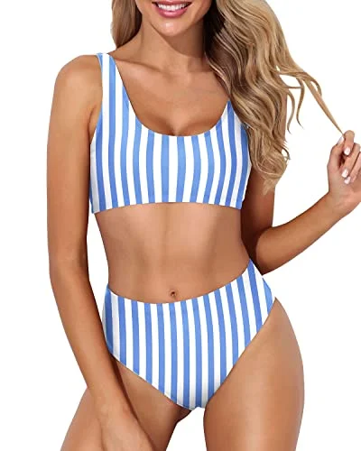 Supportive tankini swim sets for active pool days -Scoop Neck Crop Top For Women Sports Two Piece Bikini For Women-Blue Stripes