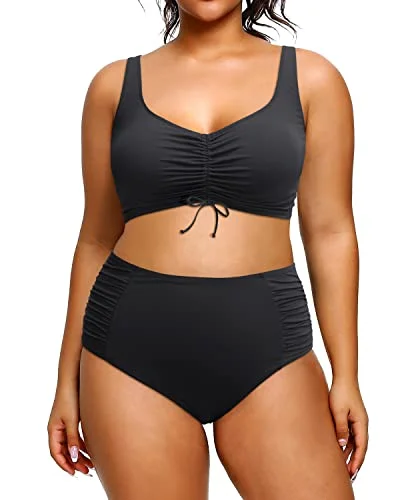 Lightweight swim sets for summer swim ease -Plus Size High Waisted Bikini Sets Vintage Drawstring Two Piece Swimsuit for Women