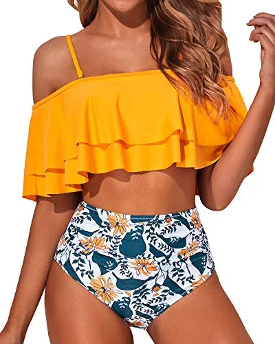 Cute bikini swim sets with tie-front detail -Flattering Off Shoulder Two Piece Bathing Suit-Yellow Floral