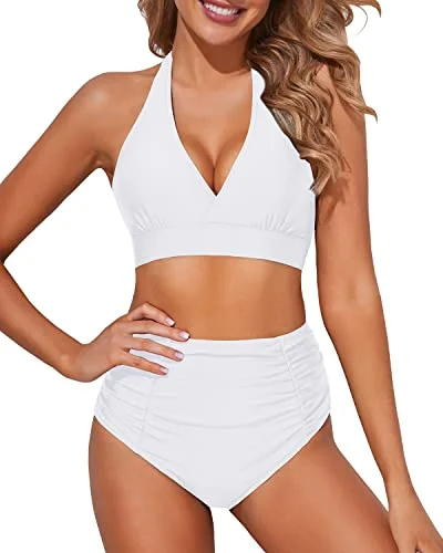 Ruffled swim sets with delicate lace trim -High Waisted Bikini Bottoms Ruching Women's Bikini Swimsuits-White