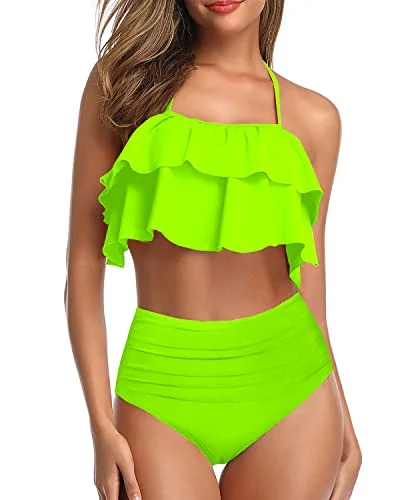 Sporty swim sets with breathable mesh panels -Glamorous High Waisted Bikini Set Tiered Ruffles For Women-Neon Green