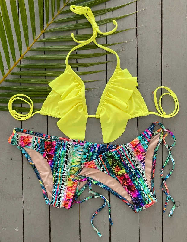 High-neck swim sets for modest chic coverage -Bright Yellow Triangle Bikini Top w/Ruffle Accent