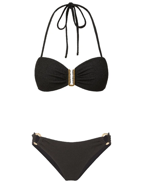 Tropical swim sets with bold leafy designs -Cindy Top + Ring Trim Bottom in Black Texture