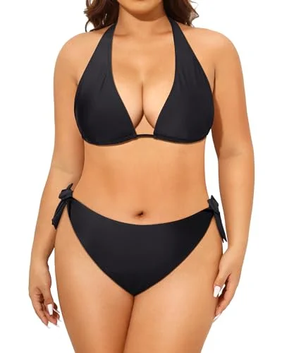 Supportive swim sets with underwire lift -Women Plus Size Triangle Bikini Mid Waist Two Piece Halter Tie Side Swimsuit Black 22 Plus Swimwear