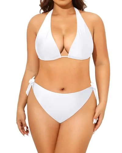 Neon swim sets for bold poolside looks -Plus Size Triangle Bikini Mid Waist Two Piece Halter Tie Side Swimsuit For Women