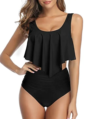 Luxury swim sets with gold accent details -Ruffled Flounce Top High Waisted Ruched Bottom Two Piece Bikini For Women-Black