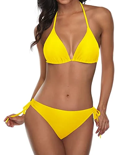 Luxury tankini swim sets for resort glamour -Halter Top Tie Side Bottom Women Two Piece Bikini-Neon Yellow