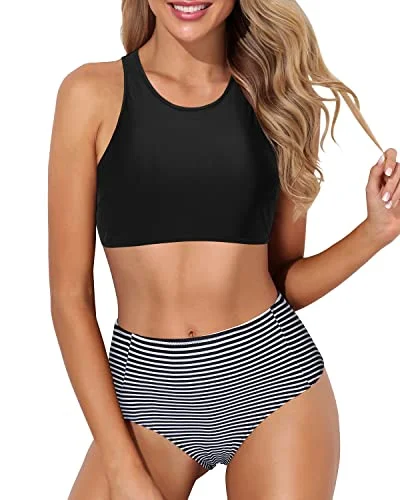 Soft swim sets for sensitive skin comfort -Racerback High Neck Sporty Bikini Set High Waisted Bottom-Black Stripe