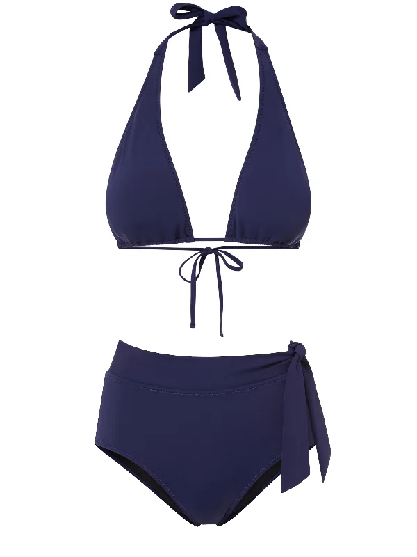 Adjustable swim sets with tie-side bottoms -Allison Top + Side Tie High Waist in Navy Satin