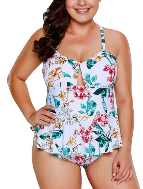 High-neck swim sets for elegant beach coverage -Plus Size Swimwear Tropical Floral Print Peplum One Piece Swimsuit