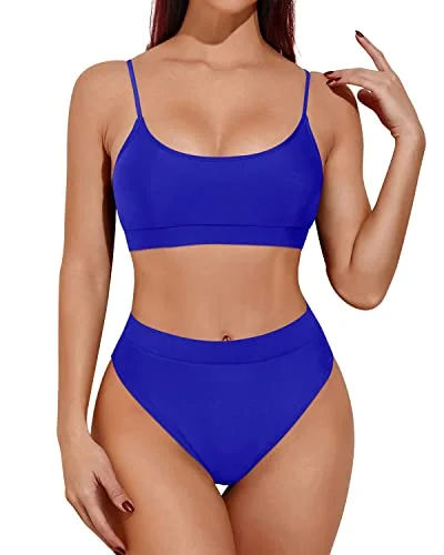 Strapless swim sets for minimal tan lines -Adjustable Spaghetti Straps High Waisted Bikini Sporty Scoop Neck Swimsuits-Royal Blue