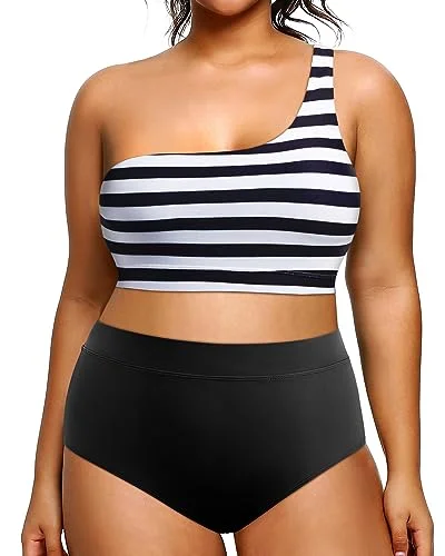 Affordable tankini swim sets for family trips -Plus Size One Shoulder Top & High Waist Two Piece Set