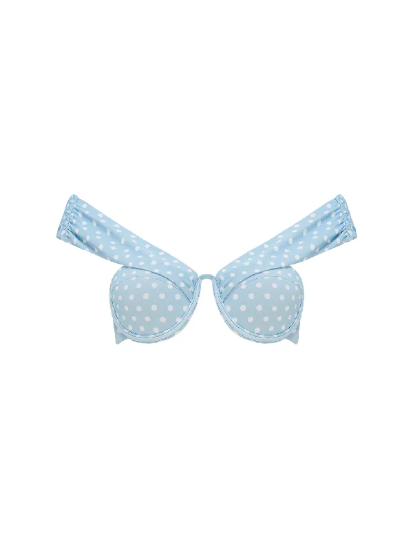 Ruffled swim tops with soft fabric ruffles -The Bardot Bustier Bra - Powder Blue Delicate Polka Dots