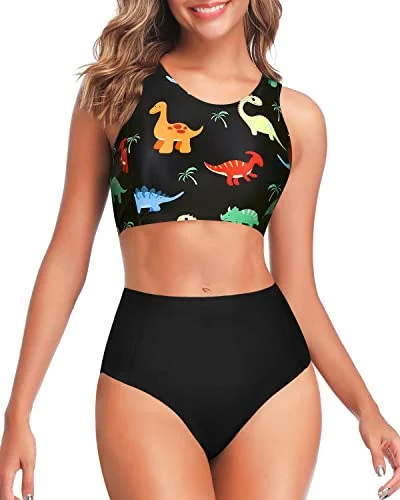 Tropical swim sets with vibrant leaf prints -Women's High Waisted Sporty Two Piece Bikini Set-Black Dinosaur