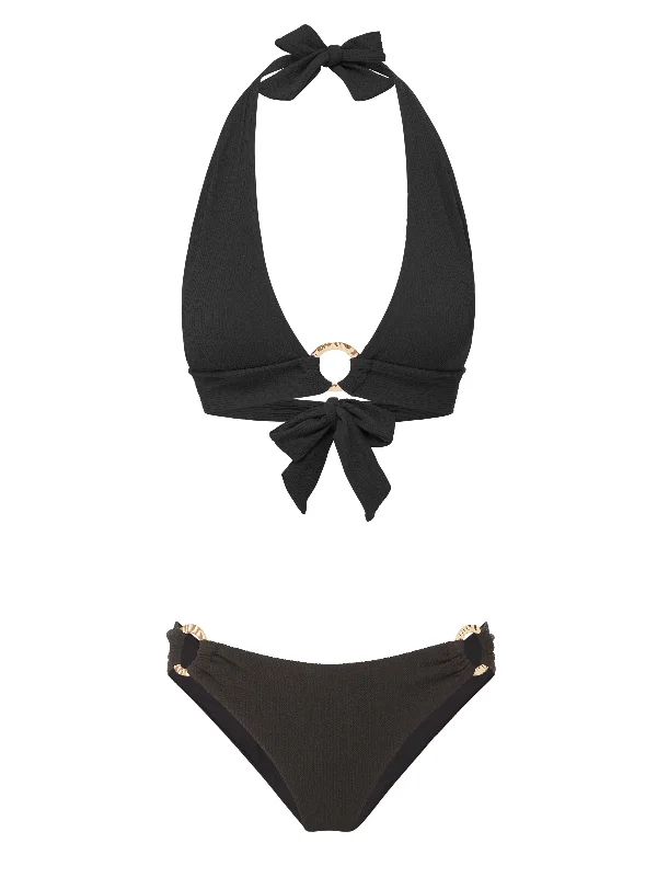 Luxury swim sets with shimmering fabric finish -Erin Top + Ring Trim Bottom in Black Texture