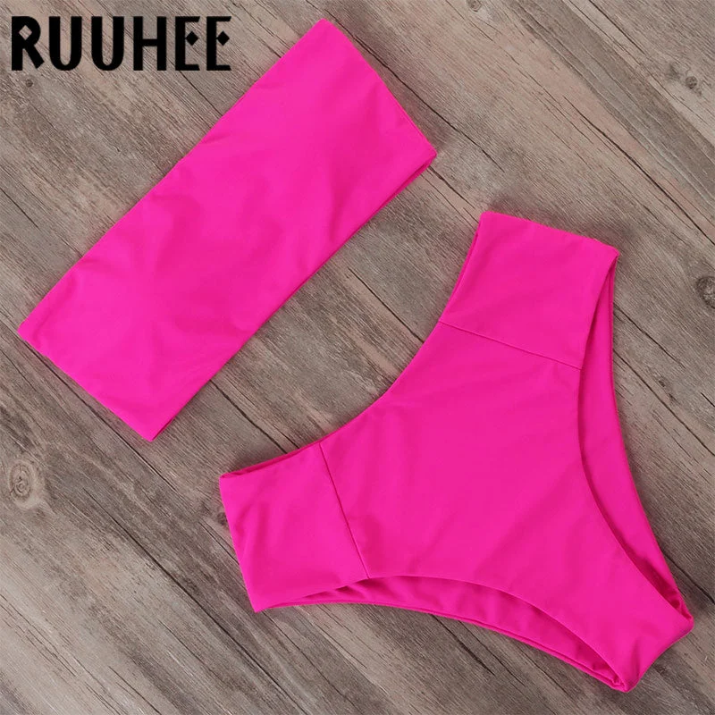 Lightweight swim sets for breathable swim ease -RUUHEE High Waisted Neon Bikini 2020 Woman Bandeau Bathing Suit Mayo Push Up Swimwear Tube Top Sexy Two Piece Swimsuit For Women