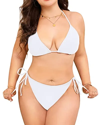 Classic black tankini swim sets for elegance -2 Piece Plus Size Triangle Bikini Set Side Tie for Women-White