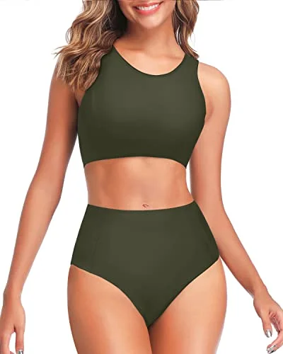 Padded swim sets for comfortable bust lift -High Waisted Bikini Swimsuits Bottom-Army Green