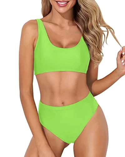 Retro swim sets for vintage-inspired beachwear -High Leg Cut Swimsuit Crop Top Two Piece Scoop Neck Bikini For Women-Neon Green