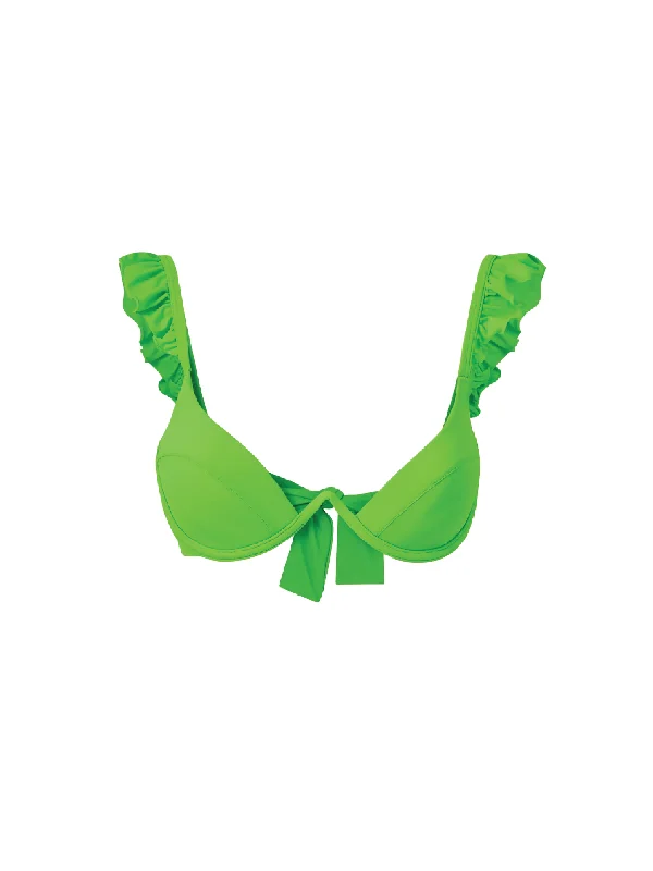 High-neck swim tops for modest stylish coverage -The Ruffle Bra - Electric Green